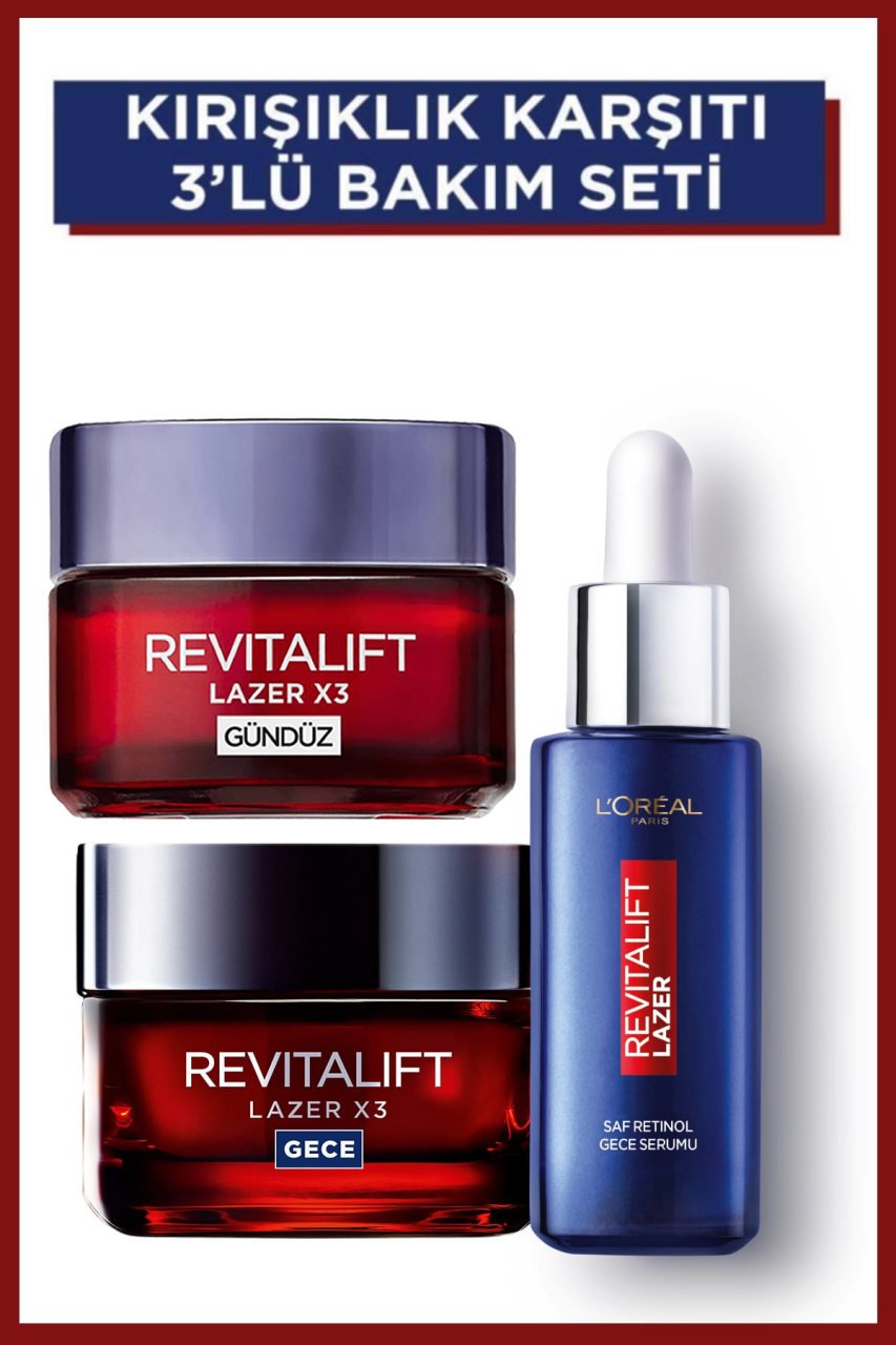 Revitalift Lazer X3 Kırışıklık Karşıtı 3 lü Cilt Bakım Seti (Gece+Gündüz Kremi+Gece Serumu)