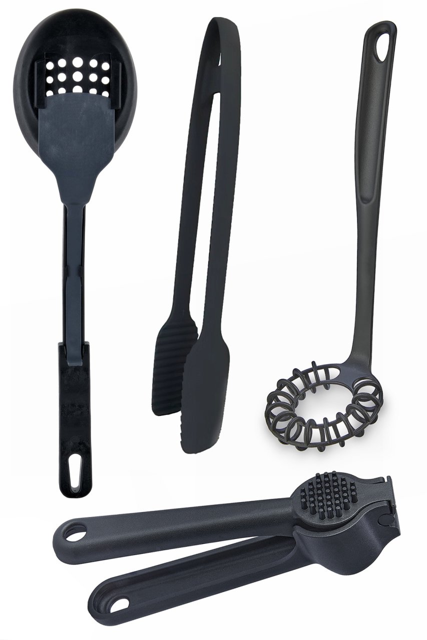 4'lü Mutfak Gereçi 3’ü 1 Arada Servis Seti, Spiral Çırpıcı, Izgara Maşası, Sarımsak Ezici