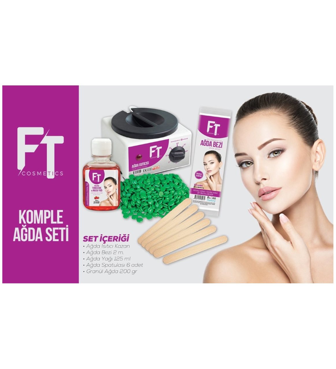 FT Ağda Seti Makina, Azulen Granül Ağda, 125ml Yağ, Spatula, 2mt Bez