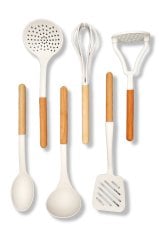 Ahşap Saplı Beyaz Çizmez Kepçe Kevgir Kaşık Spatula Çırpıcı Ezici Servis Seti 6'lı
