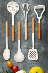 Ahşap Saplı Beyaz Çizmez Kepçe Kevgir Kaşık Spatula Çırpıcı Ezici Servis Seti 6'lı