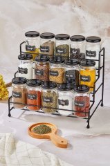 3 katlı Baharatlık Basamaklı Metal Standlı 15li Baharat Takımı Siyah