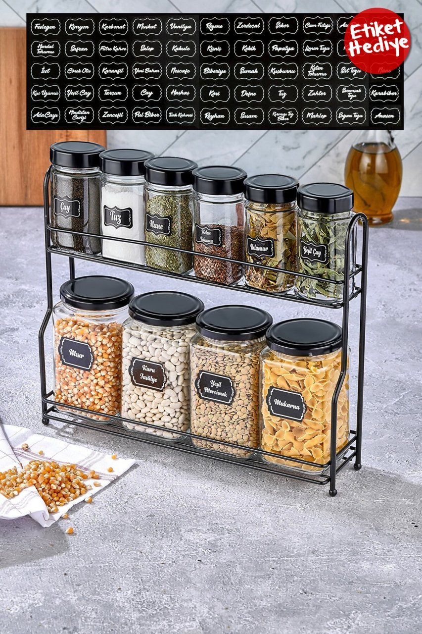 2 Katlı Metal Standl 10lu Cam Kavanoz Ve Baharatlık Seti