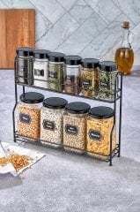 2 Katlı Metal Standl 10lu Cam Kavanoz Ve Baharatlık Seti