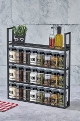 4 Katlı Lüx Metal Standlı 24lü Cam Baharat Seti Çok Amaçlı Duvar Rafı