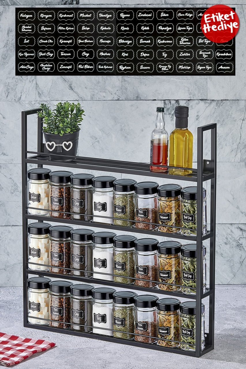 4 Katlı Lüx Metal Standlı 24lü Cam Baharat Seti Çok Amaçlı Duvar Rafı