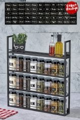 4 Katlı Lüx Metal Standlı 24lü Cam Baharat Seti Çok Amaçlı Duvar Rafı
