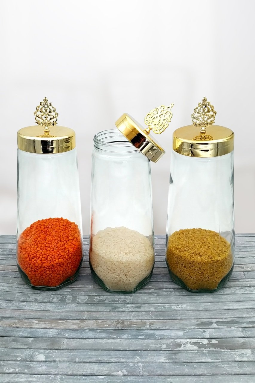 3 Adet Altın Kapaklı Cam Kavanoz Seti Erzak Kabı 1600cc
