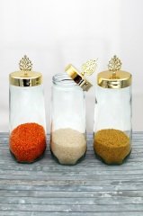 3 Adet Altın Kapaklı Cam Kavanoz Seti Erzak Kabı 1600cc