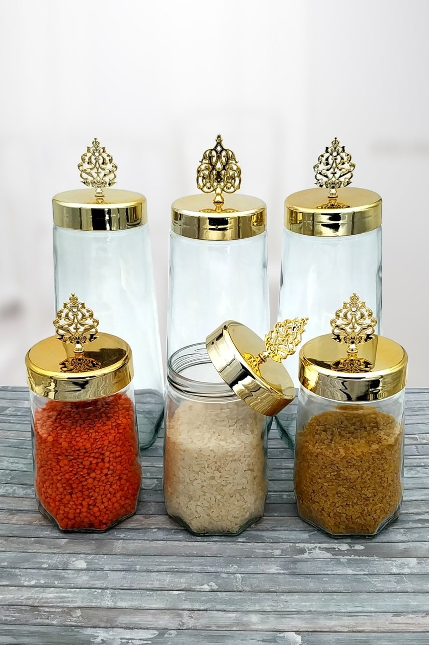 6 Adet Altın Kapaklı Cam Kavanoz Seti Erzak Kabı 700cc (3adet) + 1600cc (3adet)