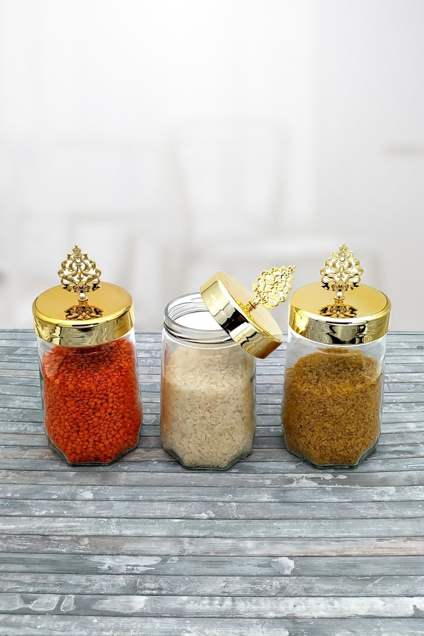 3 Adet Altın Kapaklı Cam Kavanoz Seti Erzak Kabı 700cc