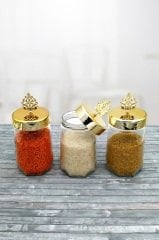 3 Adet Altın Kapaklı Cam Kavanoz Seti Erzak Kabı 700cc