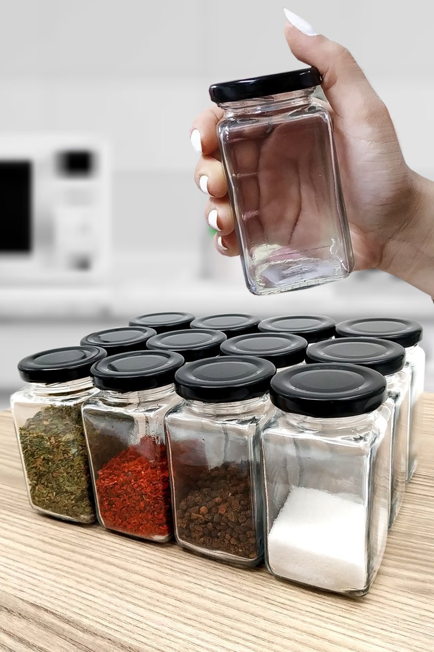 Siyah Kapaklı 12'li Baharatlık Cam Kavanoz Seti 200ml