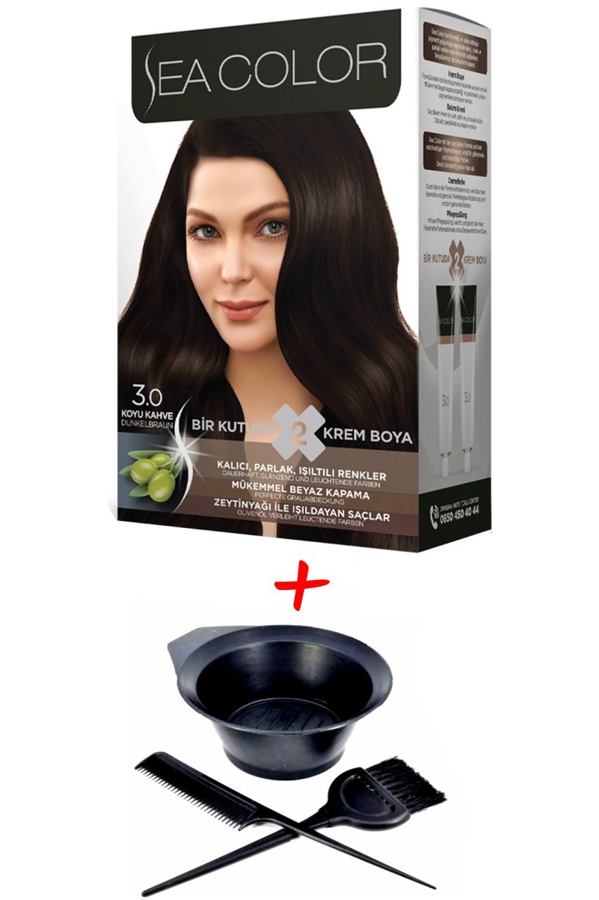 Sea Color Krem Saç Boyası 3.0 Koyu Kahve 2 Tüplü Set + Boyama Seti
