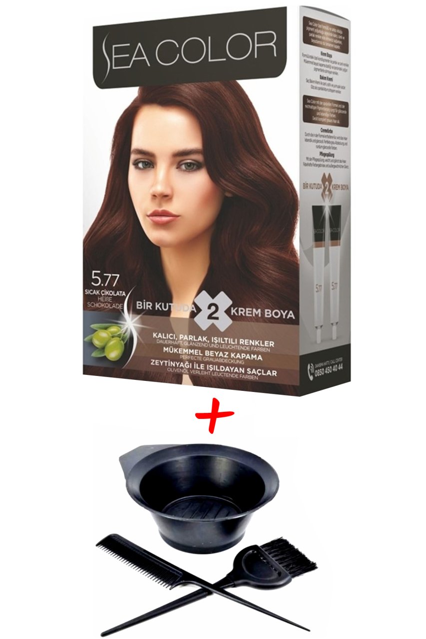 Sea Color Krem Saç Boyası 5.77 Sıcak Çikolata 2 Tüplü Set + Boyama Seti