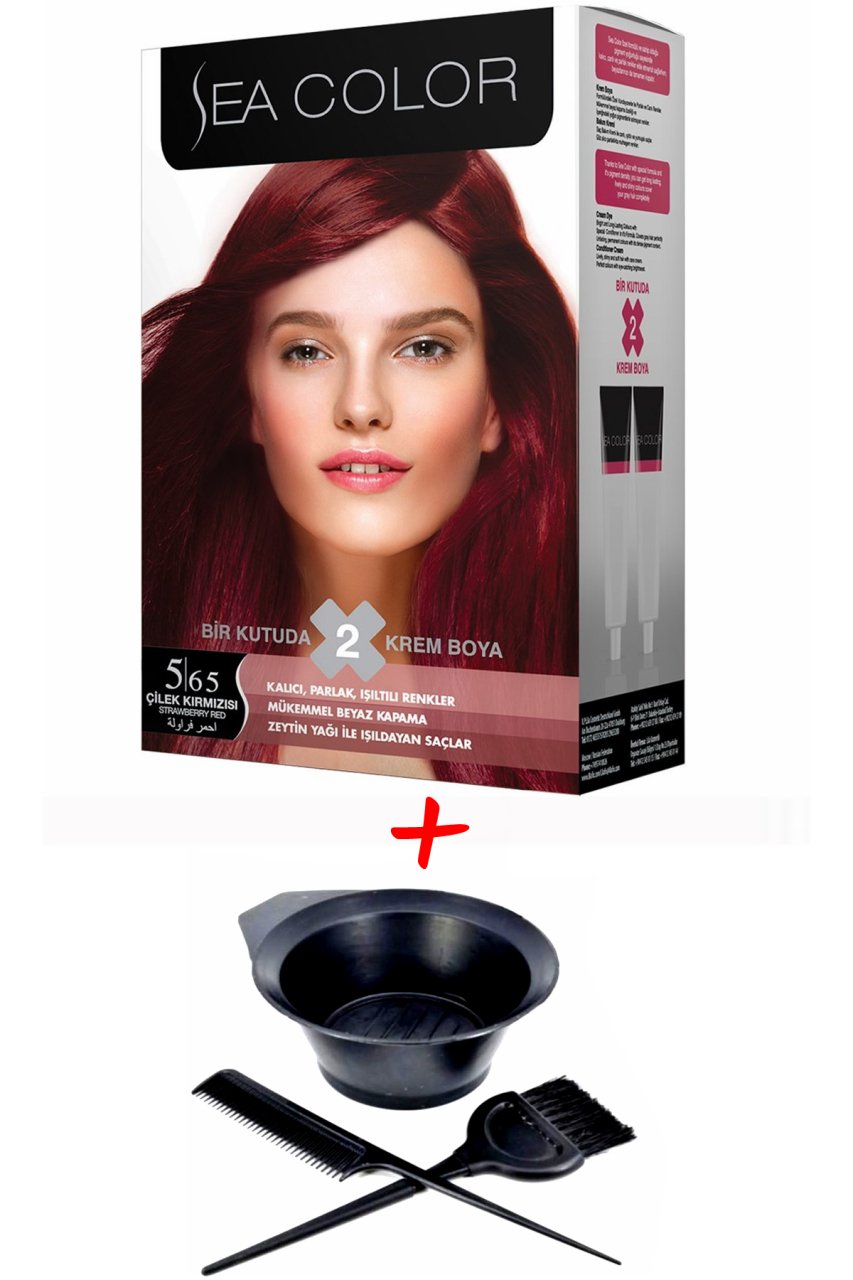 Sea Color Krem Saç Boyası 5.65 Çilek Kırmızısı 2 Tüplü Set + Boyama Seti