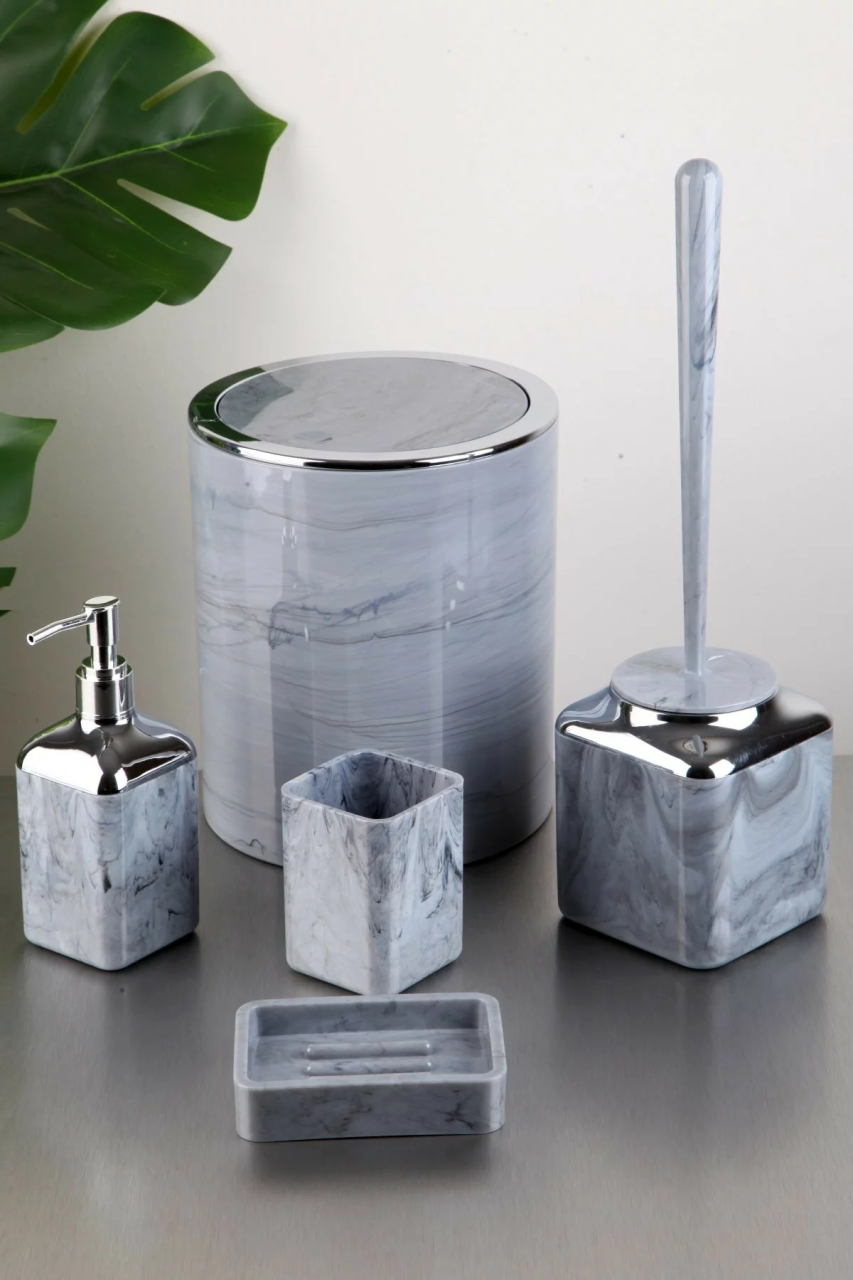 Akrilik 5 Parça Banyo Seti Krom Mavi Mermer Desenli OKY-514