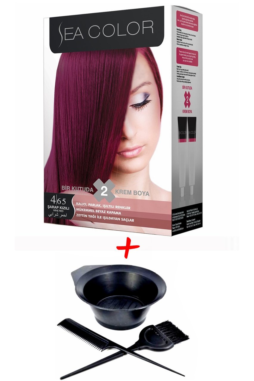 Sea Color Krem Saç Boyası 4.65 Şarap Kızılı 2 Tüplü Set + Boyama Seti