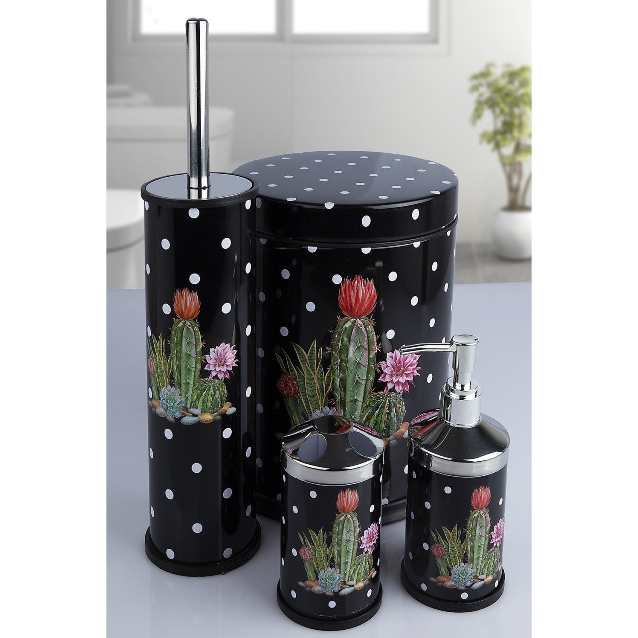 4'lü Banyo Seti Kaktüs Desenli Siyah 5938