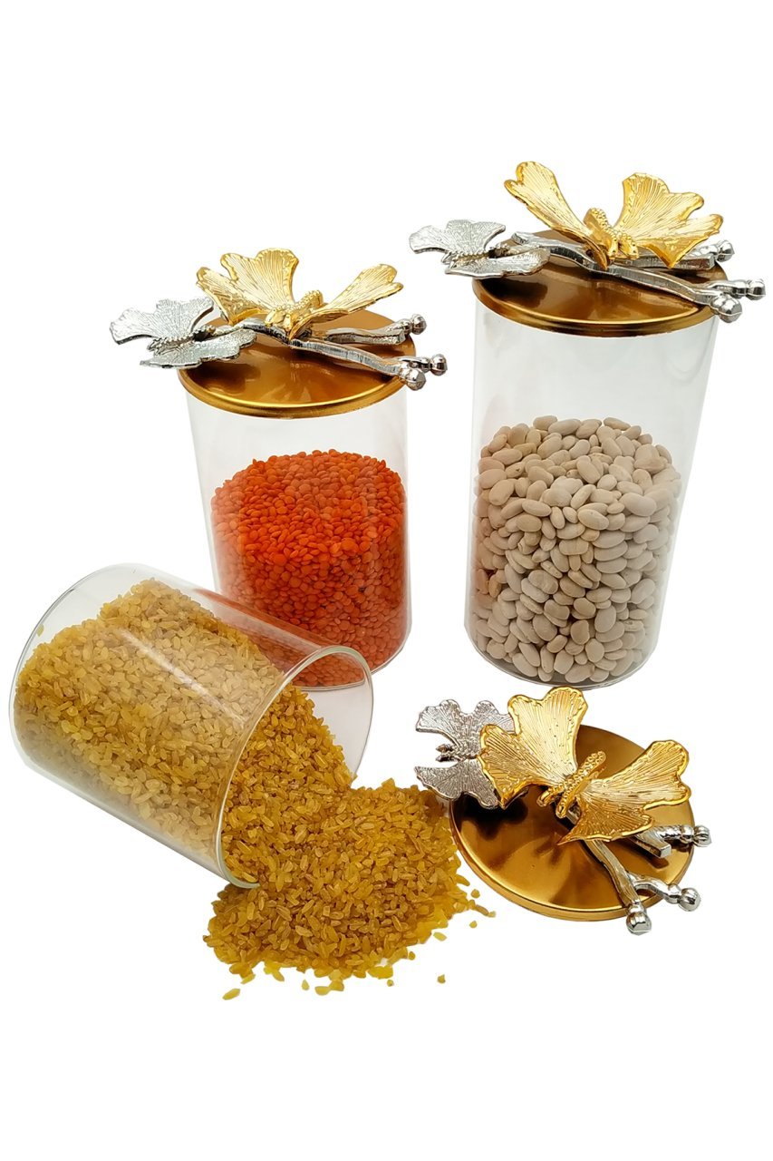 3'lü Gold Kapaklı Kelebek Desenli Cam Baharat Takımı 600ml, 850ml, 1lt