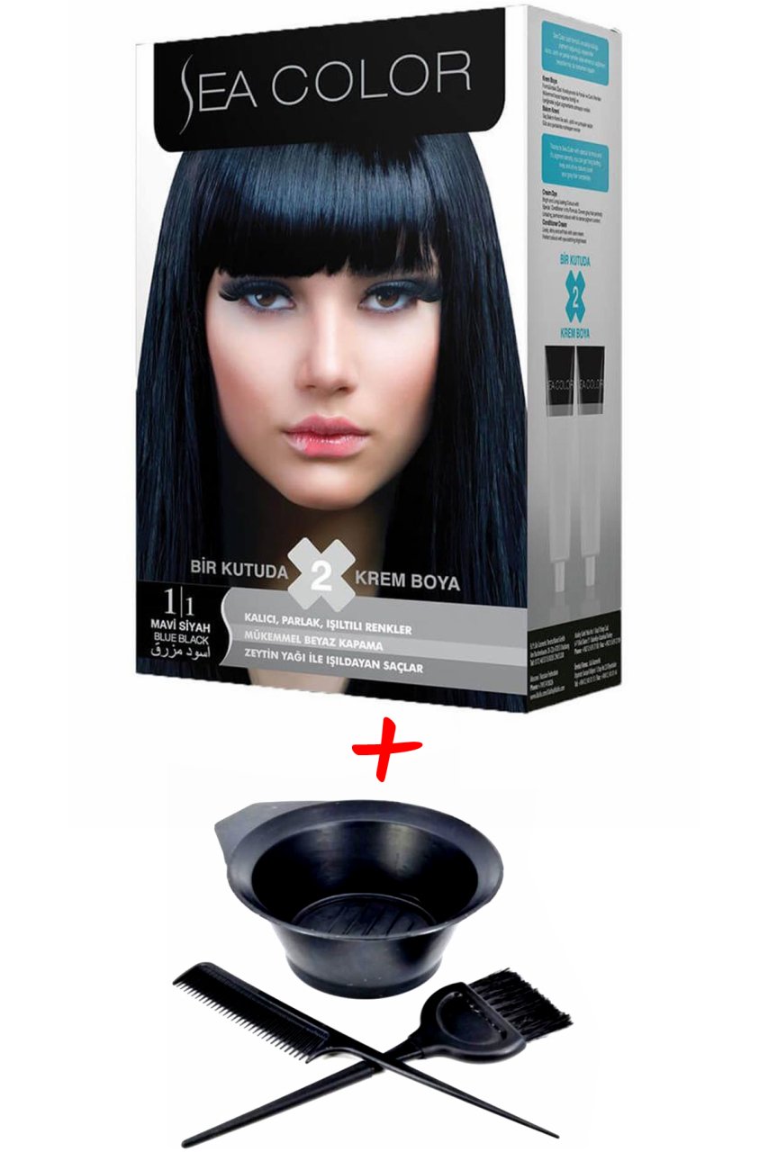 Sea Color Krem Saç Boyası 1.1 Mavi Siyah 2 Tüplü Set + Boyama Seti