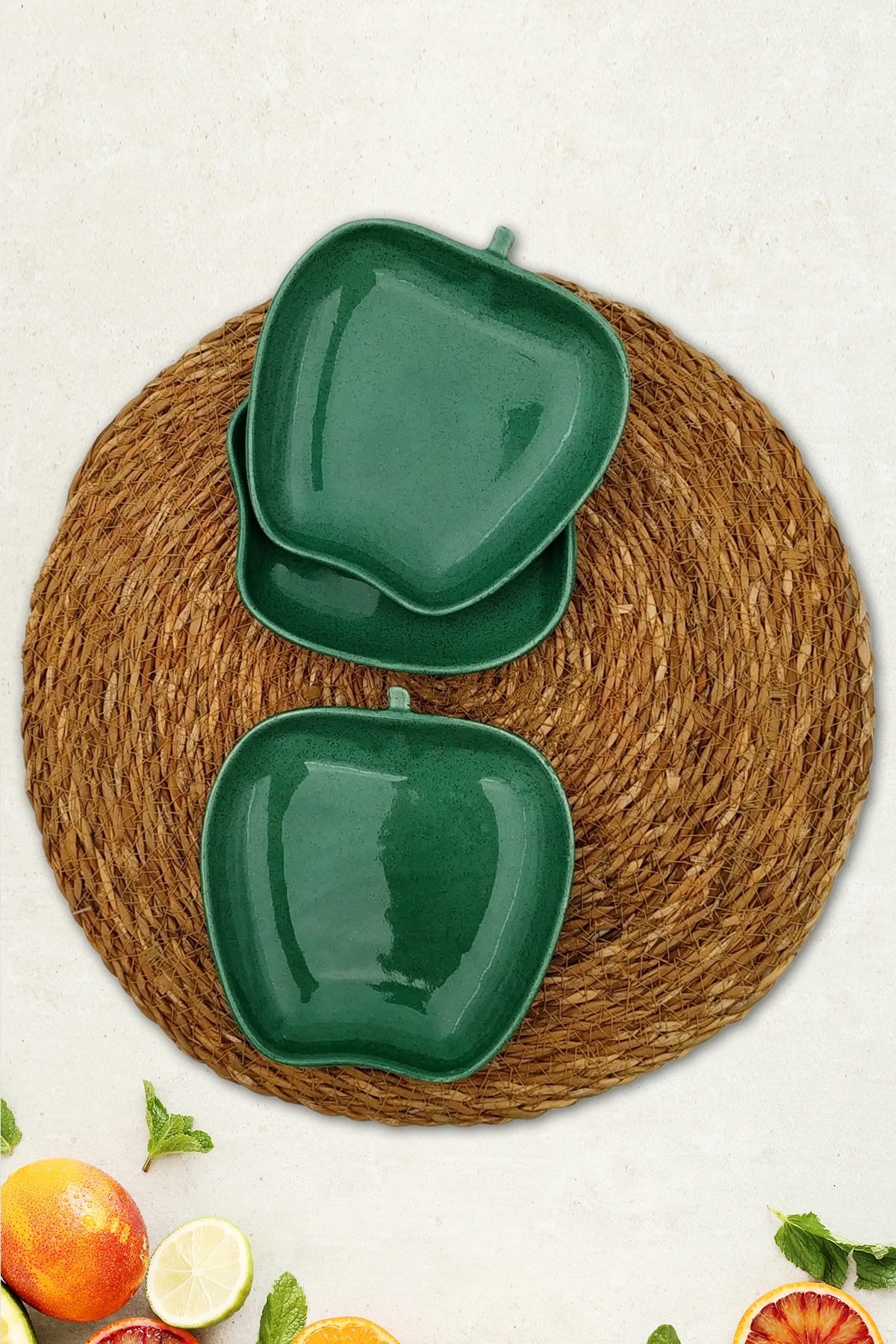 3lü Çerezlik Seramik Elma Desenli Sunumluk Yeşil 14cm