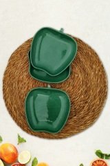 3lü Çerezlik Seramik Elma Desenli Sunumluk Yeşil 14cm