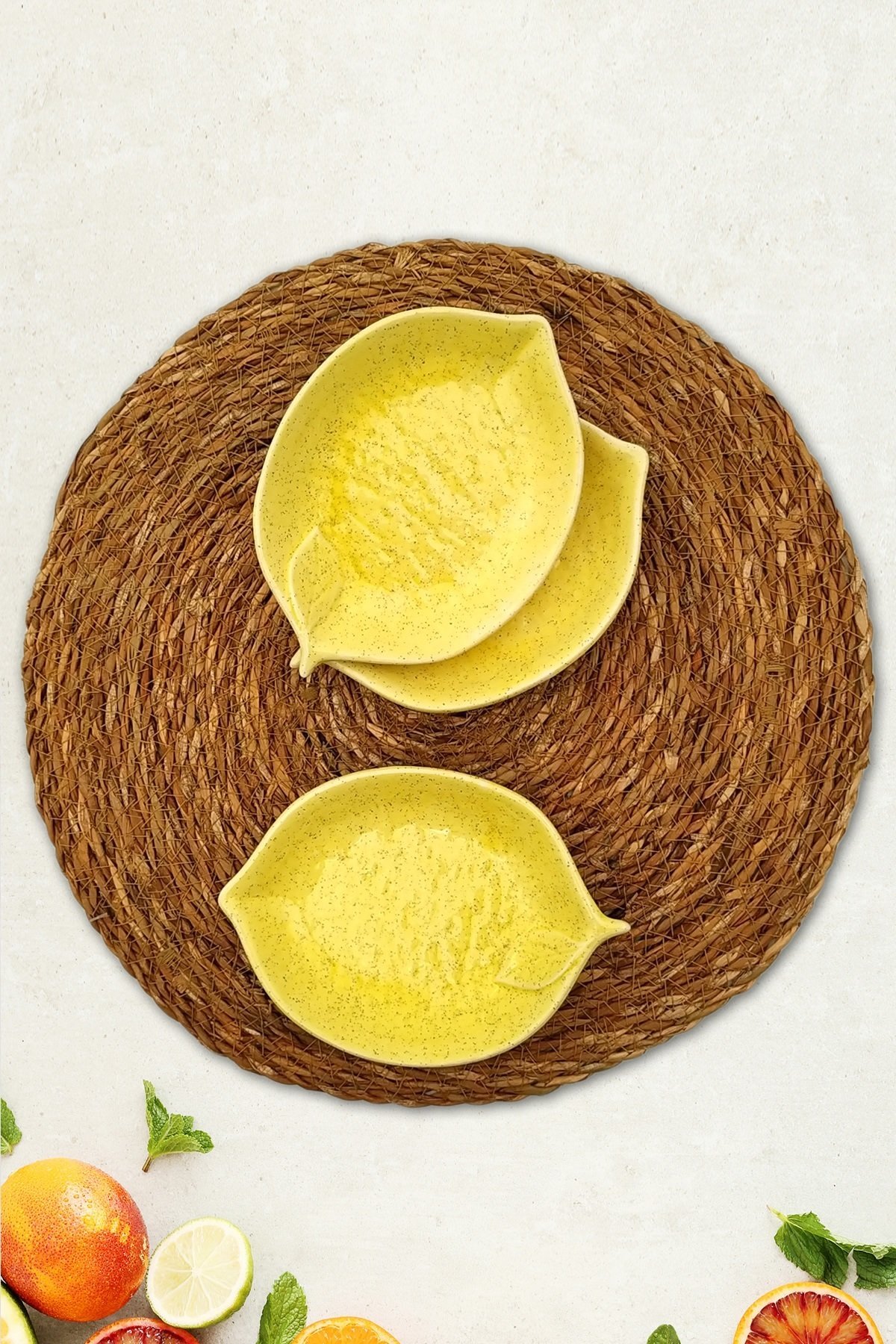 3lü Çerezlik Seramik Limon Desenli Sunumluk Sarı 16cm