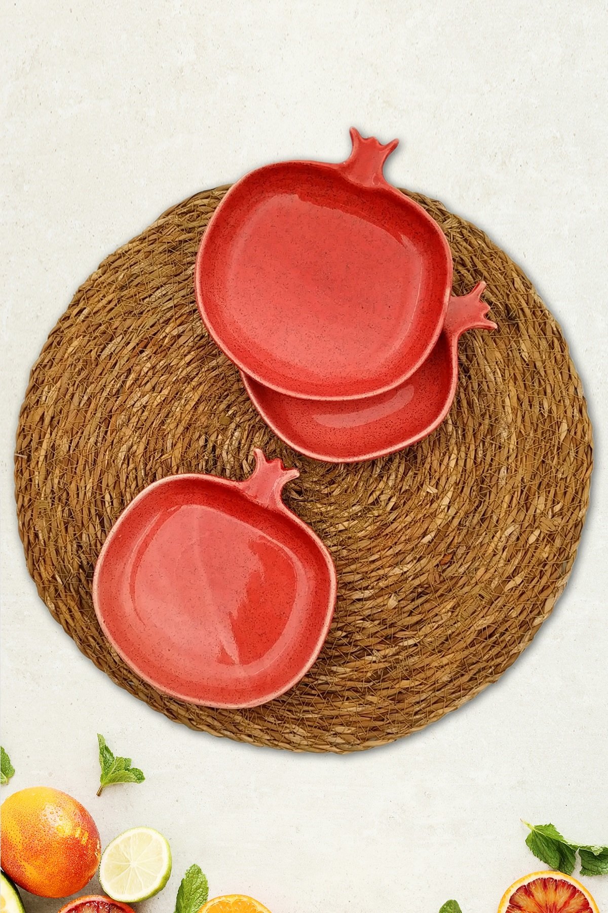 3lü Çerezlik Seramik Nar Desenli Sunumluk Kırmızı 14cm