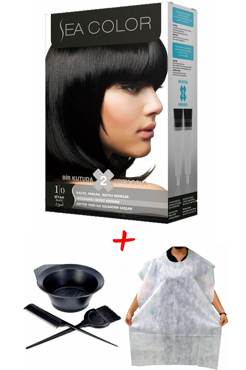 Sea Color Krem Saç Boyası 1.0 Siyah 2 Tüplü Set + Boyama Seti + Boyama Önlüğü