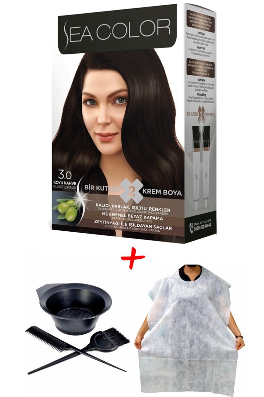 Sea Color Krem Saç Boyası 3.0 Koyu Kahve 2 Tüplü Set + Boyama Seti + Boyama Önlüğü
