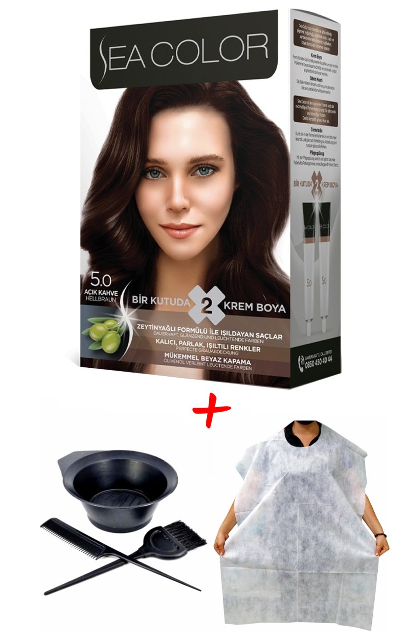 Sea Color Krem Saç Boyası 5.0 Açık Kahve 2 Tüplü Set + Boyama Seti + Boyama Önlüğü
