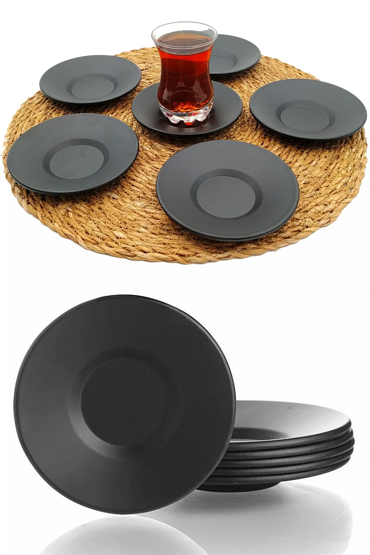 Mat Siyah Lüx Metal 6'lı Çay Tabağı Trend Siyah Altlık