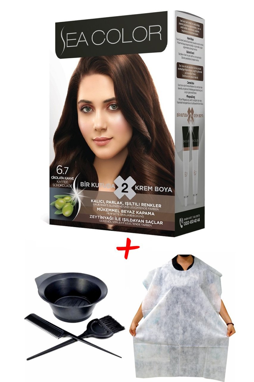 Sea Color Krem Saç Boyası 6.7 Çikolata Kahve 2 Tüplü Set + Boyama Seti + Boyama Önlüğü