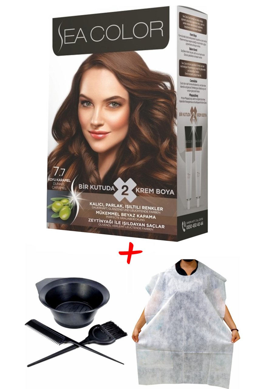 Sea Color Krem Saç Boyası 7.7 Koyu Karamel 2 Tüplü Set + Boyama Seti + Boyama Önlüğü