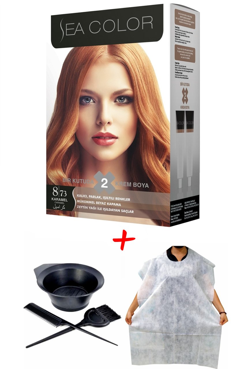 Sea Color Krem Saç Boyası 8.73 Karamel 2 Tüplü Set + Boyama Seti + Boyama Önlüğü