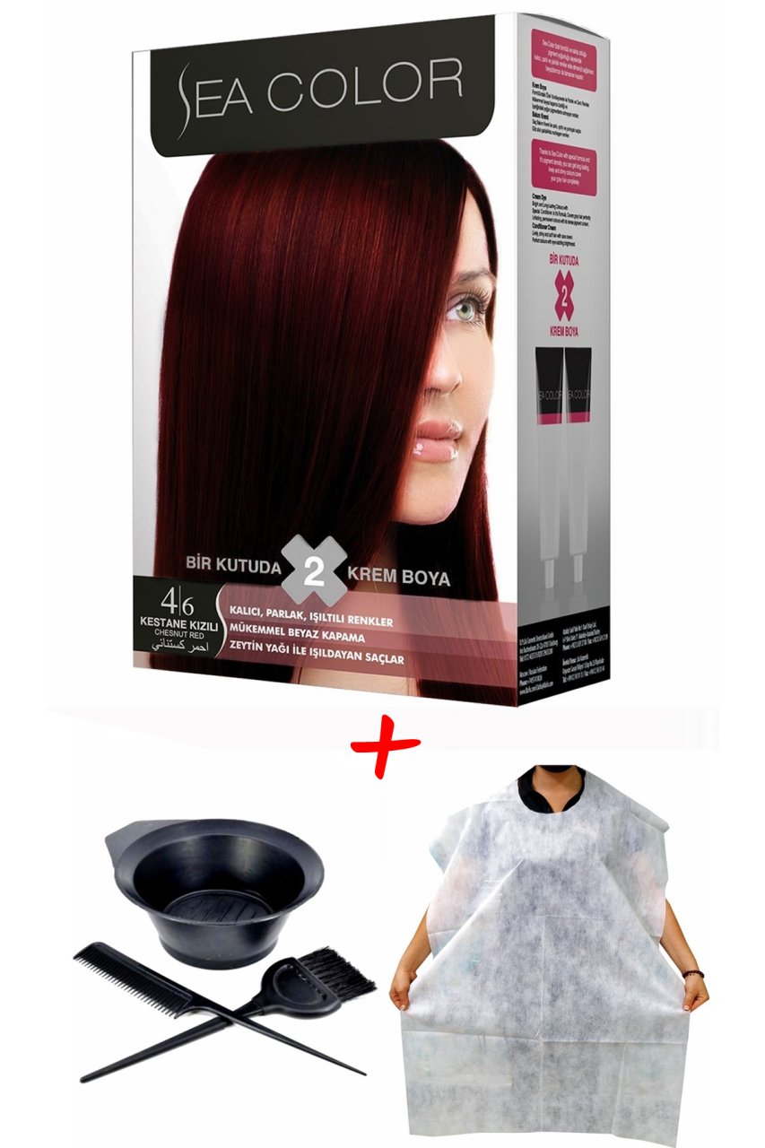 Sea Color Krem Saç Boyası 4.6 Kestane Kızıl 2 Tüplü Set + Boyama Seti + Boyama Önlüğü