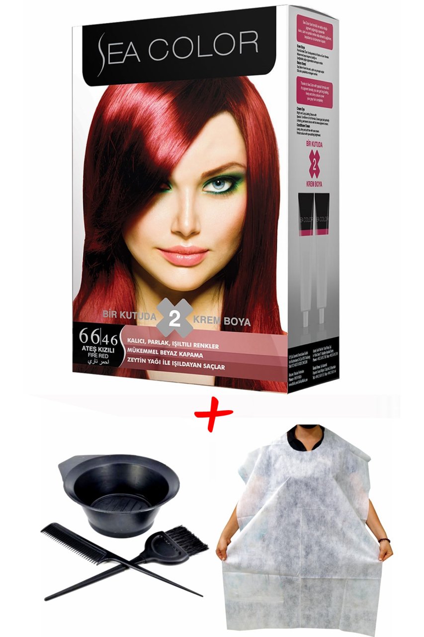 Sea Color Krem Saç Boyası 66.46 Ateş Kızılı 2 Tüp Set + Boyama Seti + Boyama Önlüğü