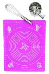 Silikon Hamur Açma Matı 40x50cm Mor + Metal Un Eleği Pratik Basmalı + Metal Çırpıcı