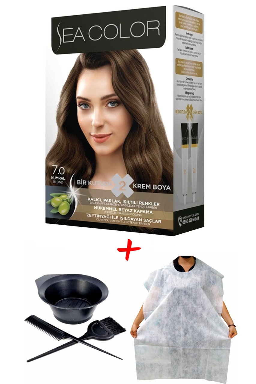 Sea Color Krem Saç Boyası 7.0 Kumral 2 Tüplü Set + Boyama Seti + Boyama Önlüğü