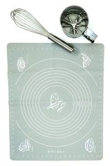 Silikon Hamur Açma Matı 40x50cm Gri + Metal Un Eleği Pratik Basmalı + Metal Çırpıcı