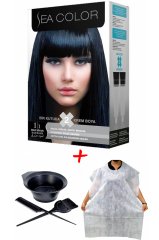 Sea Color Krem Saç Boyası 1.1 Mavi Siyah 2 Tüplü Set + Boyama Seti + Boyama Önlüğü