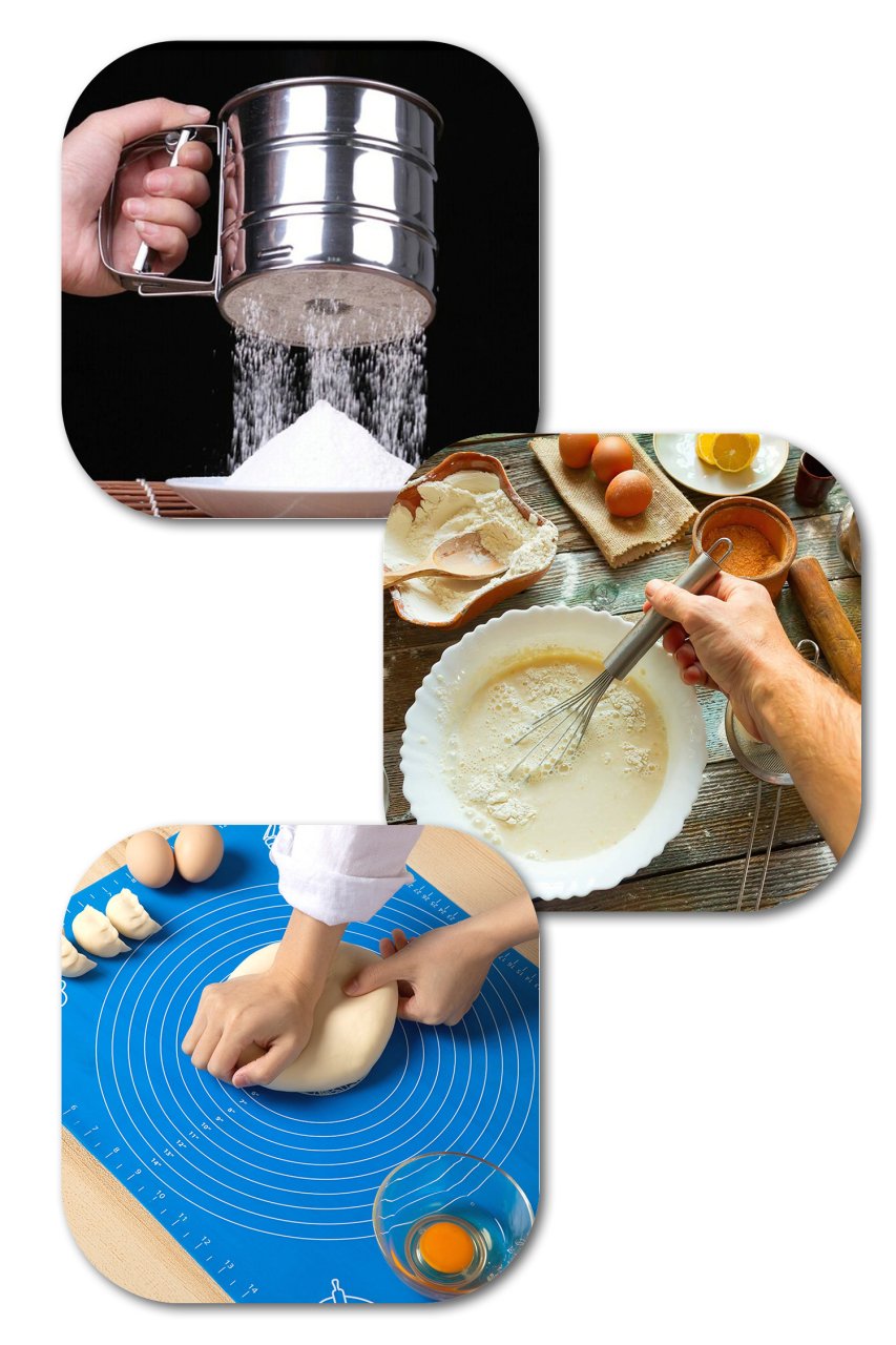 Silikon Hamur Açma Matı 40x50cm Yeşil + Metal Un Eleği Pratik Basmalı + Metal Çırpıcı