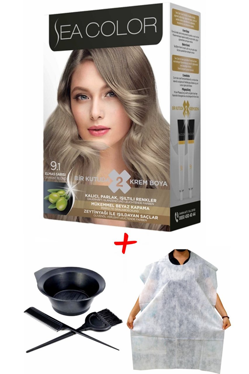 Sea Color Krem Saç Boyası 9.1 Elmas Sarısı 2 Tüplü Set + Boyama Seti + Boyama Önlüğü