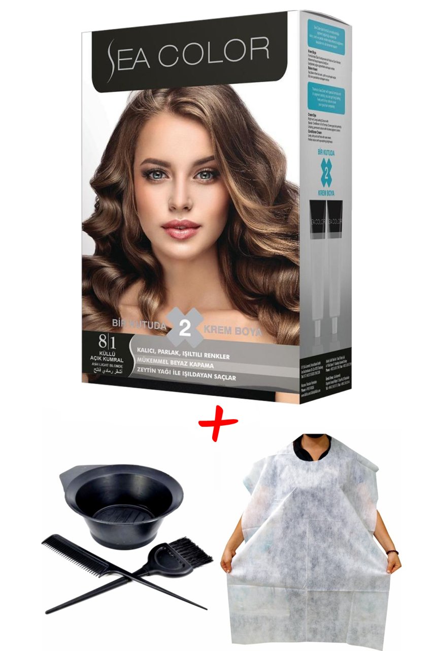 Sea Color Krem Saç Boyası 8.1 Küllü Açık Kumral Boya 2 Tüplü Set + Boyama Seti + Boyama Ön