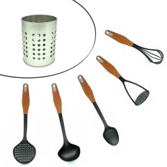 Wooden 5 Parça Ahşap Saplı Teflon Mutfak Seti + Metal Kaşıklık Siyah