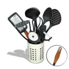 Wooden 11 Parça Ahşap Saplı Teflon Mutfak Seti + Metal Kaşıklık Siyah