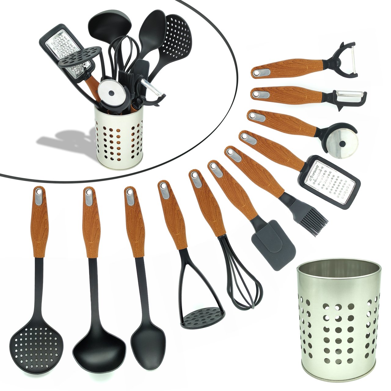 Wooden 11 Parça Ahşap Saplı Teflon Mutfak Seti + Metal Kaşıklık Siyah