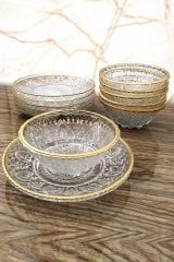 Altın Yaldızlı Cam Kase & Tabak Seti Sunumluk 12li Yeni Trend