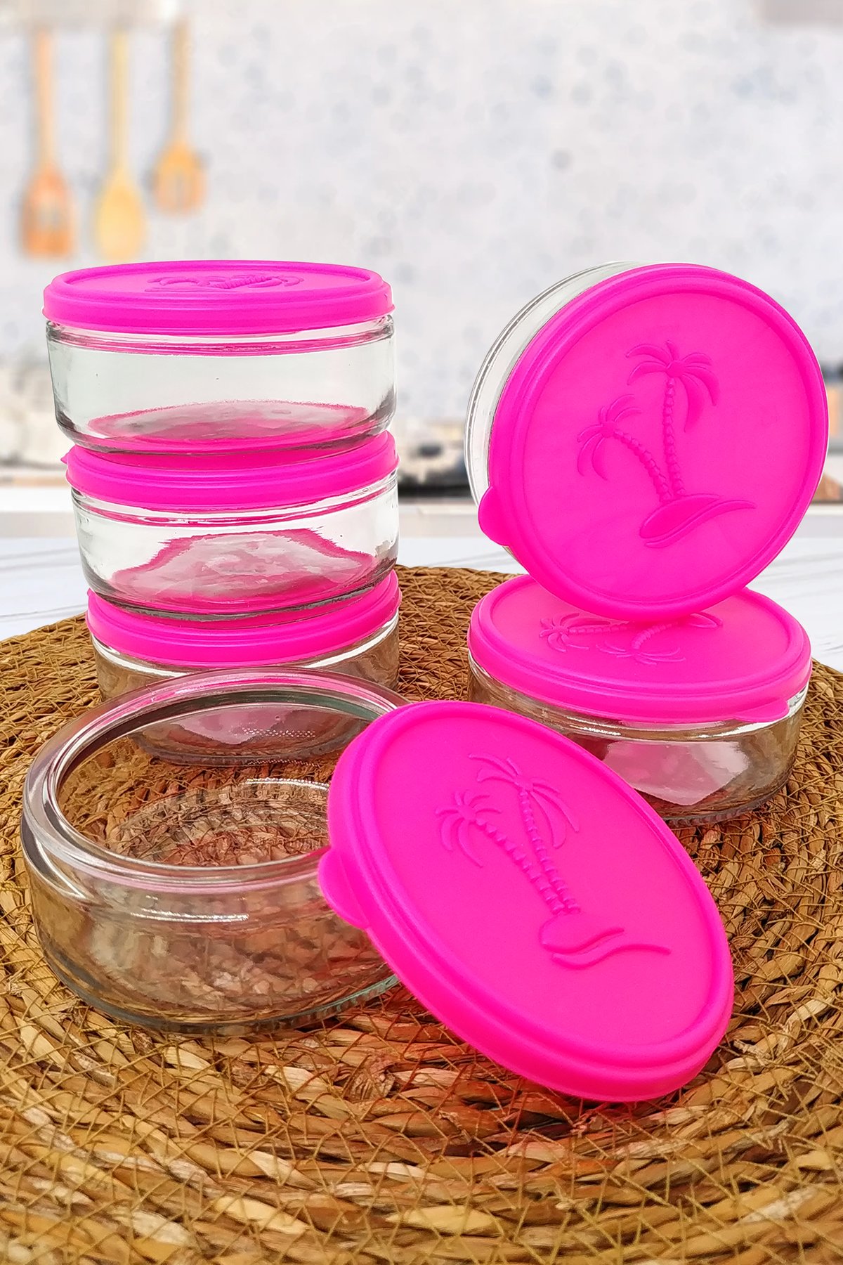 6 lı Plastik Kapaklı Yuvarlak Cam Saklama Kabı 200cc Palmiye Desenli